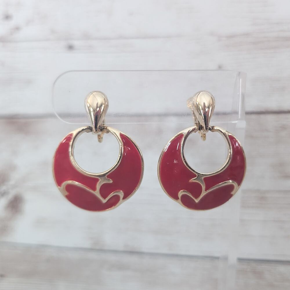 Vintage Clip On Earrings Fancy Red & Gold Tone Dangle